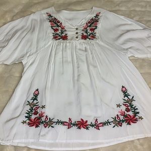 WHITE Embroidered floral Tent babydoll tunic blouse shirt top XL